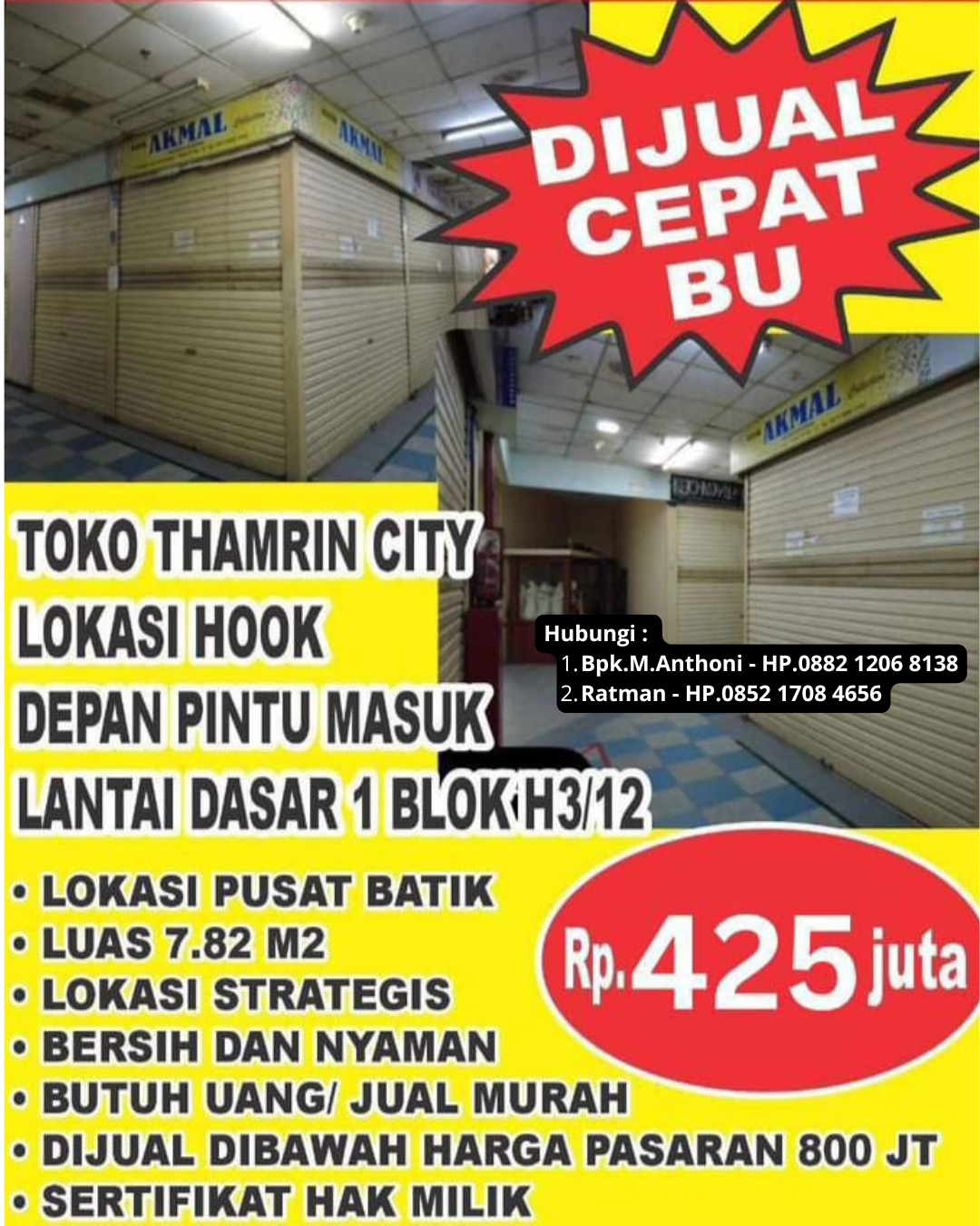 Dijual Cepat BU Toko di Thamrin City